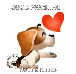 Brown And White Dog Blowing Red Heart Saying Good Morning Hugs & Kisses GIF