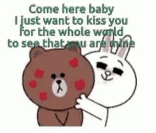 Brown Bear And White Rabbit Standing Next To Each Other Kissing GIF