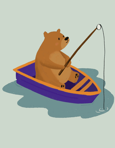 Brown Bear Fishing in a Boat With Fishing Rod