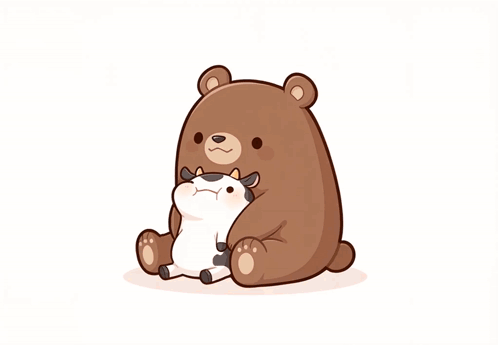 Brown Bear Holding Cow with Pink Hearts
