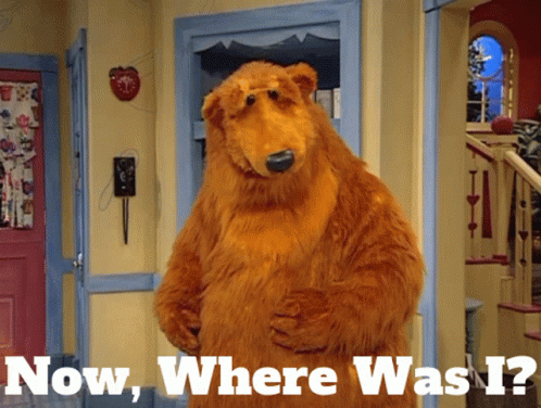 Brown Bear in Hallway Saying Now Where Was I