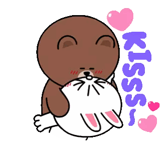 Brown Bear Kissing White Cat With Hearts