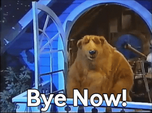 Brown Bear Saying Bye Now In Front Of Blue House GIF