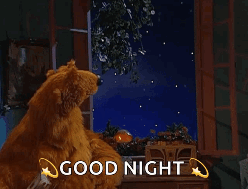 Brown Bear Sitting by Window With Smiling Moon Saying Good Night