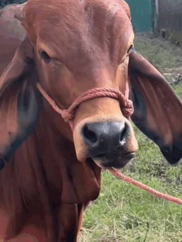 Brown Cow with Rope Looks at Camera
