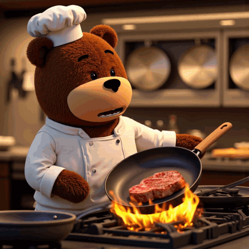 Brown Teddy Bear In Chef Hat Cooking Steak GIF