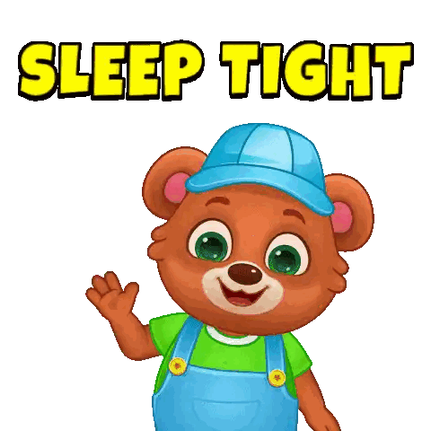 Brown Teddy Bear in Overalls and Blue Hat Says Sleep Tight