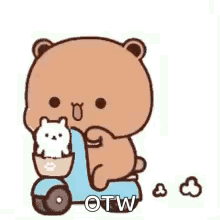 Brown Teddy Bear Riding Blue Scooter With White Rabbit