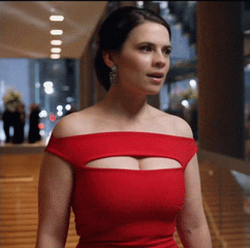 Brunette Red Dress Hayley Atwell Talking And Smiling GIF