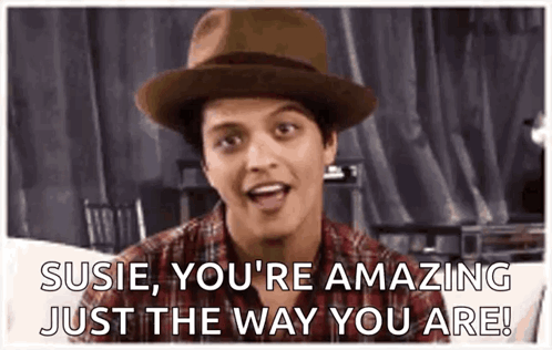 Bruno Mars in Hat and Plaid Shirt Saying Susie You're Amazing Just The Way You Are