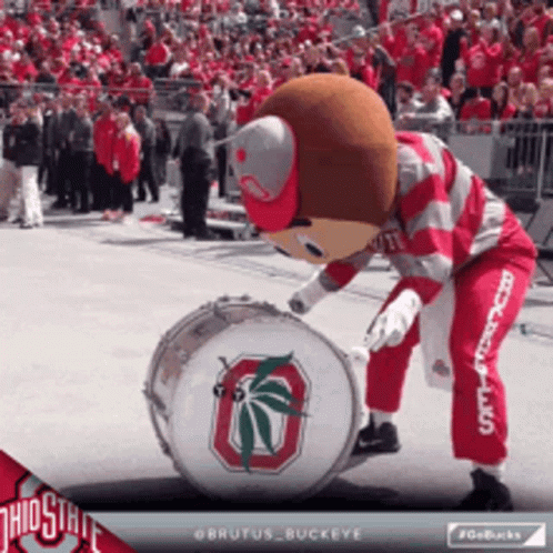 Brutus Buckeye Playing Drum in Front of Crowd