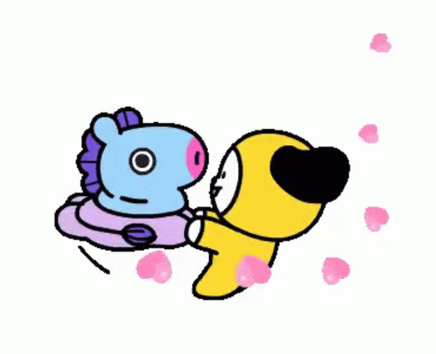 BT21 Chimmy And Mang Playing With Floating Hearts GIF