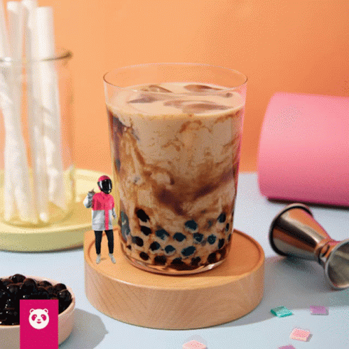 Bubble Tea Glass With Pink Panda Logo GIF