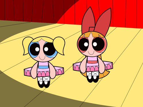 Bubbles And Blossom From The Powerpuff Girls Are On A Stage GIF
