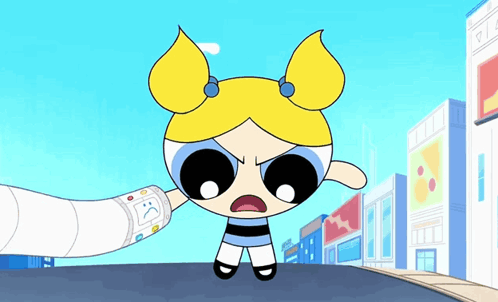 Bubbles From The Powerpuff Girls Is Being Held By Someone With A Sad Face On Their Arm GIF