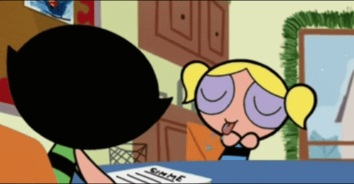 Bubbles From The Powerpuff Girls Is Sitting At A Table With Buttercup GIF