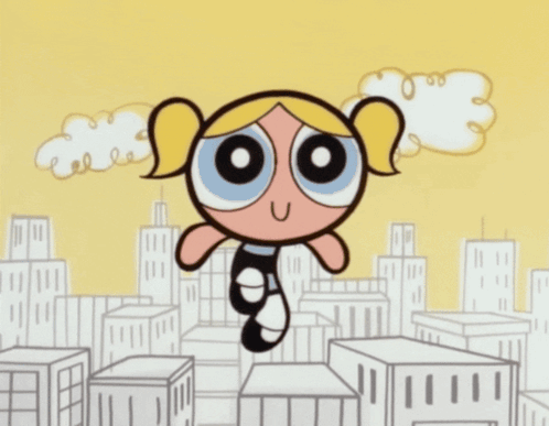 Bubbles From The Powerpuff Girls Is Smiling And Flying Over A City GIF