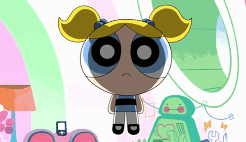 Bubbles From The Powerpuff Girls Is Standing Next To A Green Robot GIF