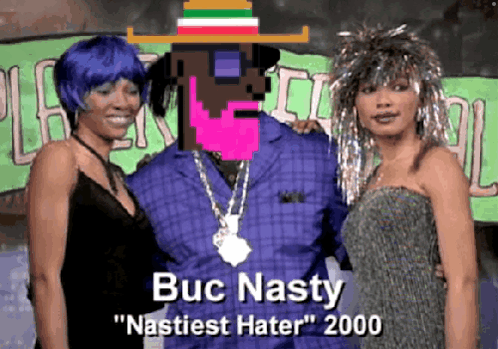 Buc Nasty Has A Hat On His Head And Is Standing With Two Women GIF