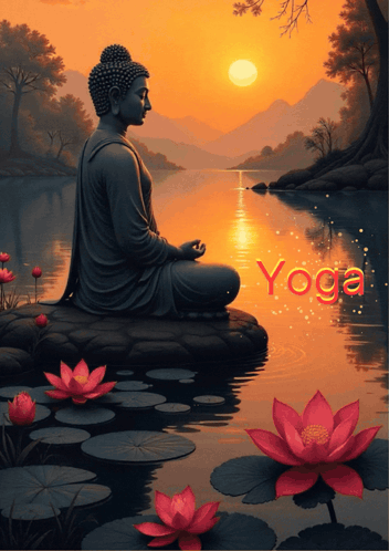 Buddha Sitting on Rock Overlooking Water with Yoga