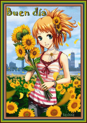 Buen Dia Lady With Sunflower Illustration GIF
