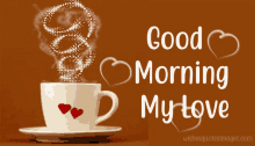 Buenos Dias Amor Steaming Coffee Two Hearts Animation GIF