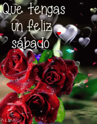 Buenos Dias Feliz Sabado Red Roses Heart Bubbles GIF