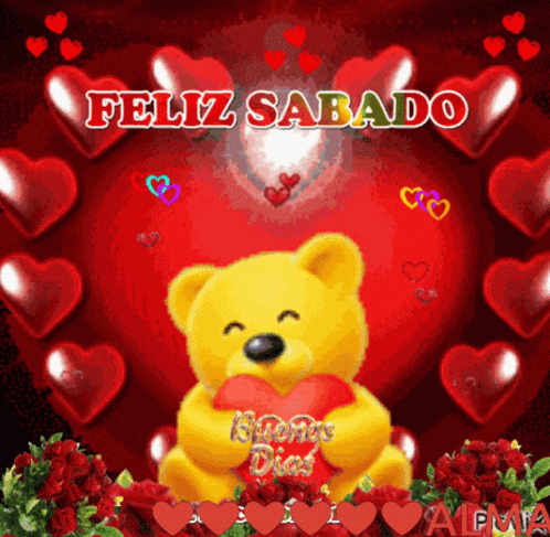Buenos Dias Feliz Sabado Revolving Hearts Bear GIF