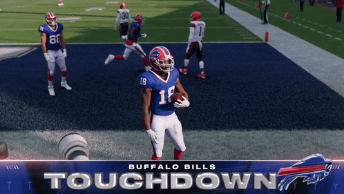 Buffalo Bills Player Holding Football In Front Of Touchdown Banner GIF