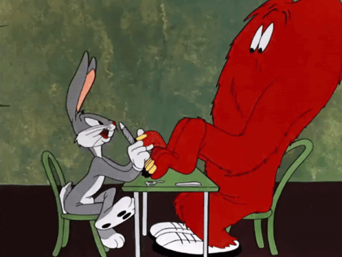 Bugs Bunny And A Red Monster Are Playing A Game Of Cards GIF