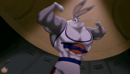 Bugs Bunny From Space Jam Is Flexing His Muscles In A Locker Room GIF
