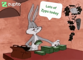 Bugs Bunny Is Sitting At A Table With Lots Of Money And A Speech Bubble That Says Lots Of Zyps Today GIF