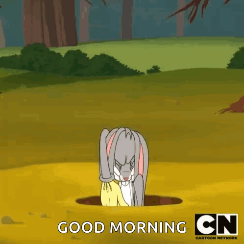 Bugs Bunny Is Standing In A Hole In The Ground And Says `` Good Morning '' . GIF
