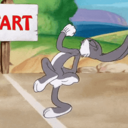 Bugs Bunny Is Standing In Front Of A Sign That Says Start GIF