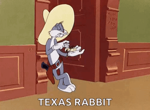 Bugs Bunny Is Wearing A Cowboy Hat And Holding A Hot Dog While Standing In Front Of A Door . GIF