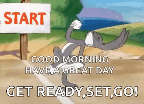 Bugs Bunny Running in Front of Good Morning Sign