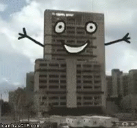 Building With Face Arms And Legs GIF