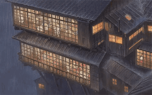 Building With Many Windows And Floating Roof In Rain GIF