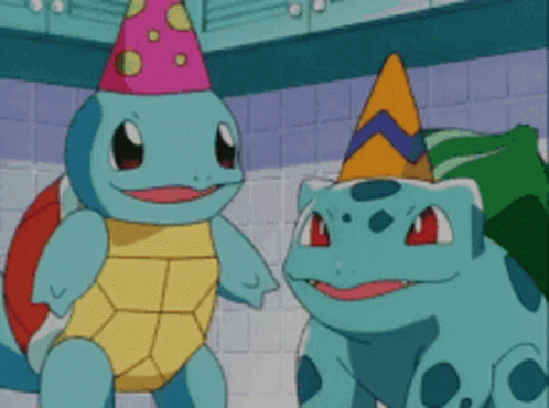 Bulbasaur And Squirtle Wearing Birthday Hat GIF