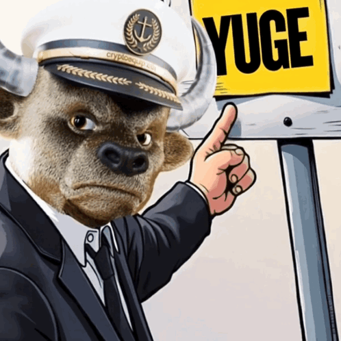 Bull in Captain Hat Pointing at Yuge Sign