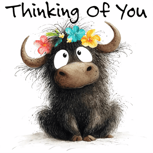 Bull With Flowers in Hair Thinking of You