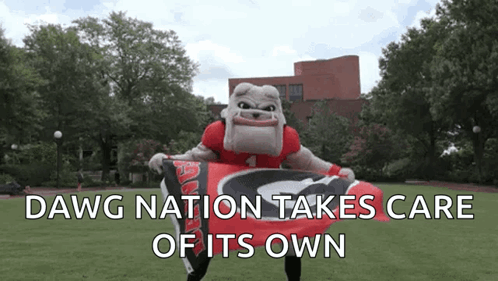 Bulldog Mascot Holding Dawg Nation Takes Care Of Its Own Flag GIF