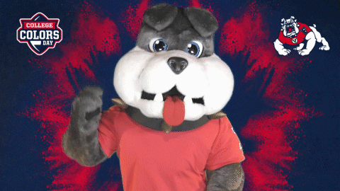 Bulldog Mascot in Front of College Colors Day Sign