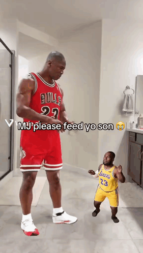 Bulls Player Next To Smaller Lakers Player GIF
