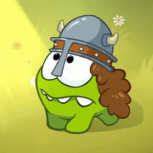 Bummed Om Nom Wearing Viking Helmet GIF