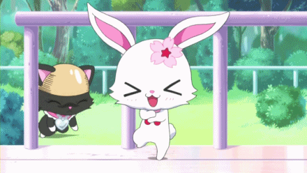 Bunny With Flower Dancing With Cat Behind GIF