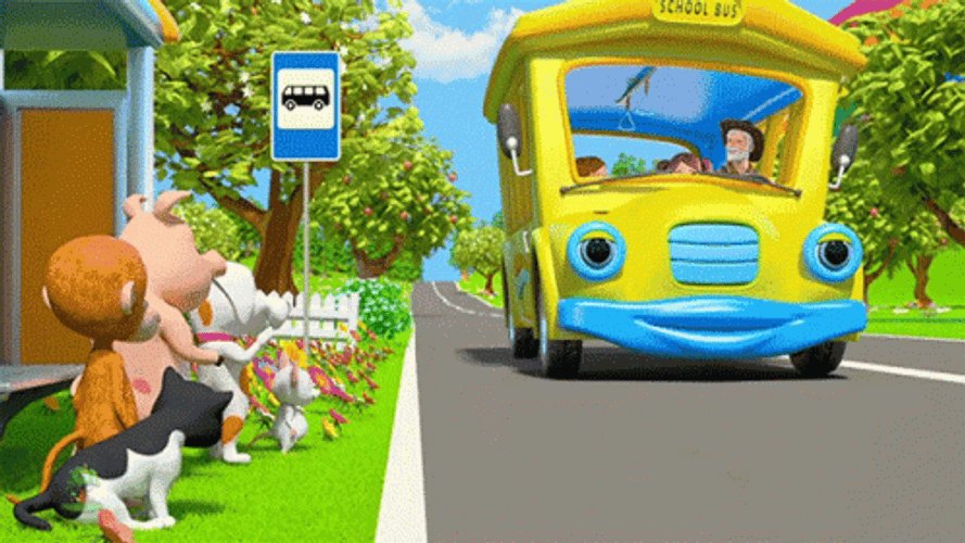 Bus Pick Up Students Little Tree House Cartoon GIF