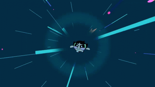 Buttercup From The Powerpuff Girls Is Flying Through The Air With A Blue Background GIF