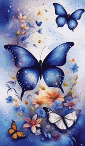 Butterflies and Flowers Blue Background