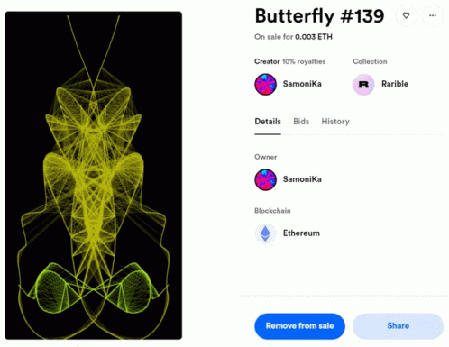 Butterfly 103 on Sale for 0.008 ETH With Blue Share Button